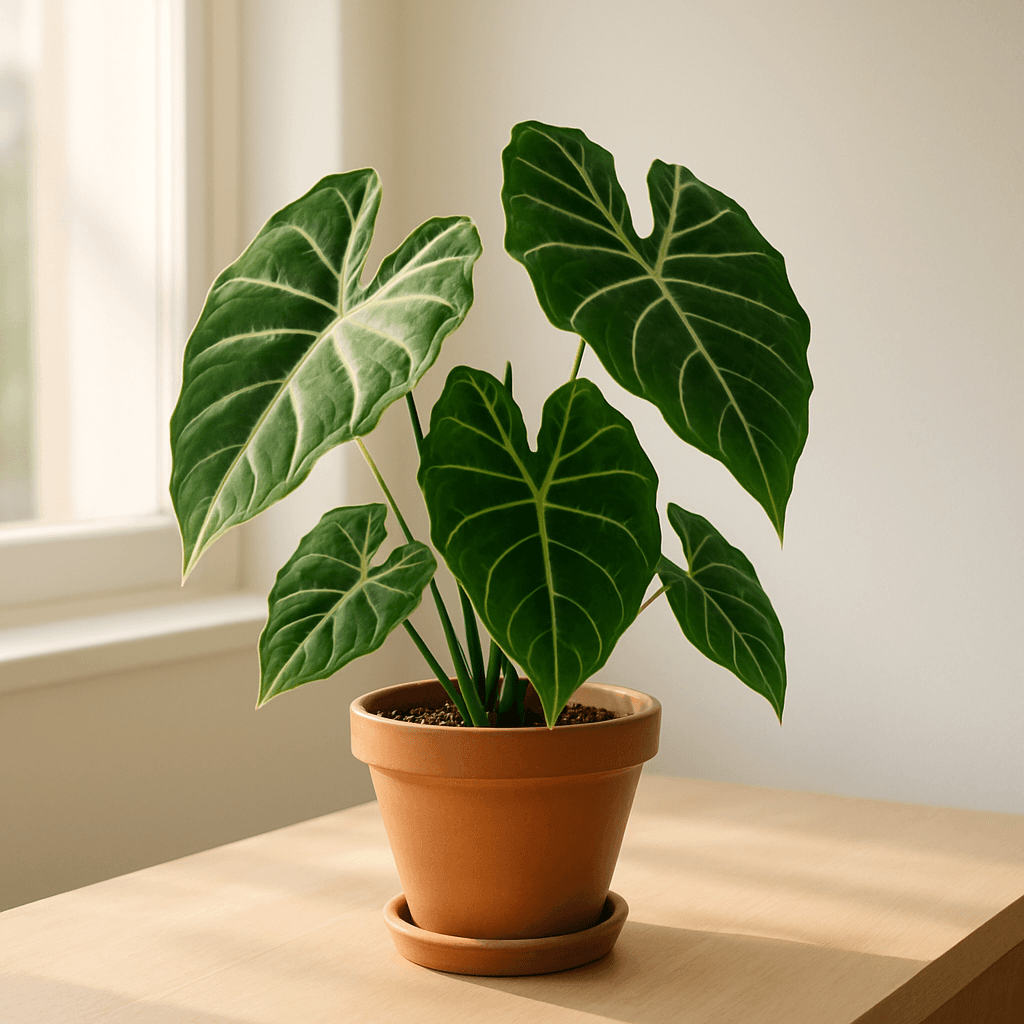 Alocasia (Alocasia polly) in a pot near a window