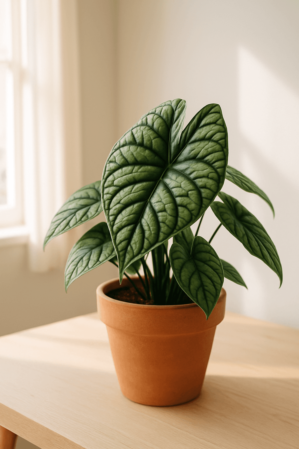 Alocasia Dragon Scale (Alocasia baginda 'Dragon Scale') with silver-green textured leaves resembling dragon scales