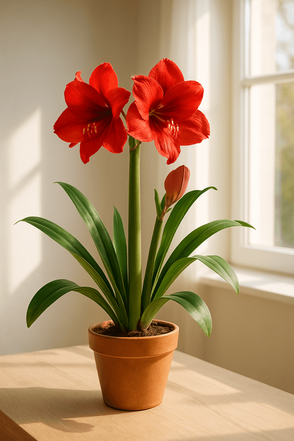 Amaryllis (Hippeastrum) with large trumpet-shaped red flowers on a thick stalk