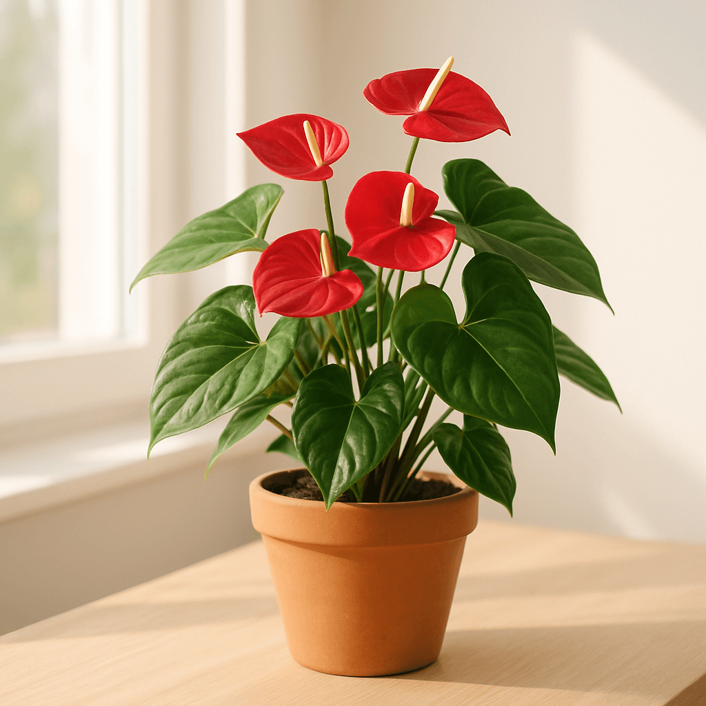 Anthurium (Anthurium andraeanum) in a pot near a window