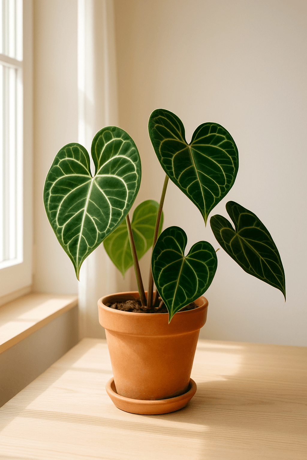 Velvet Anthurium (Anthurium clarinervium) with dark velvety leaves and white veins