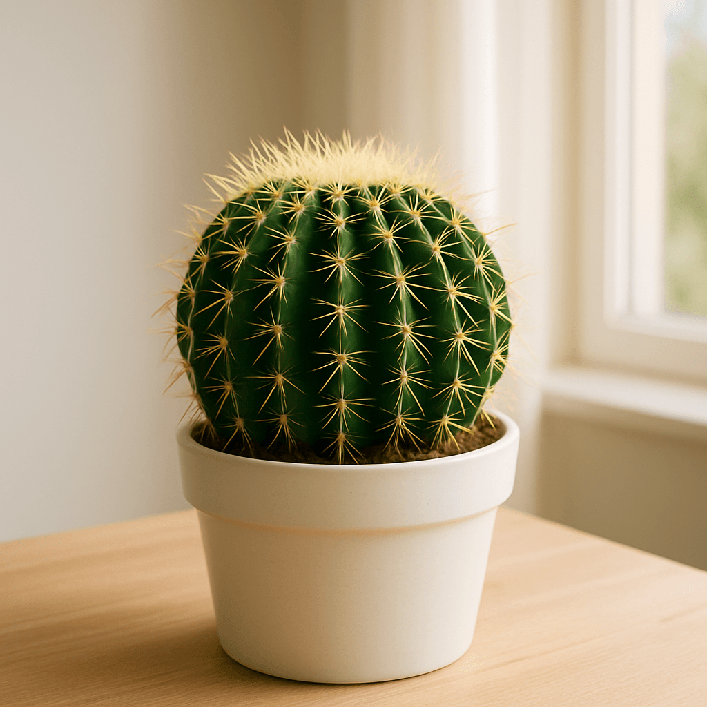 Barrel Cactus (Ferocactus wislizeni) in a pot near a window