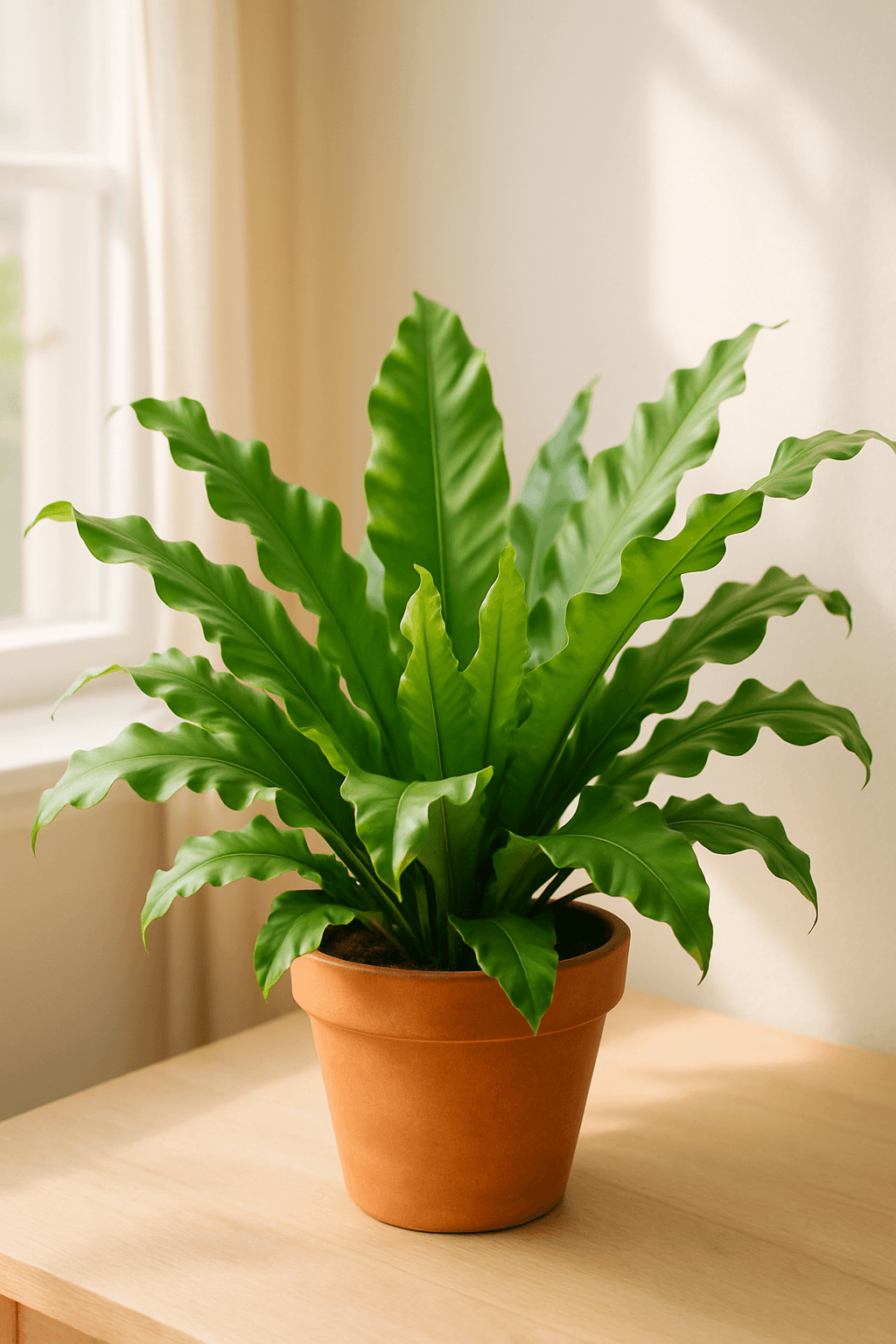 Bird's Nest Fern (Asplenium nidus) with wavy bright green fronds emerging from a central nest