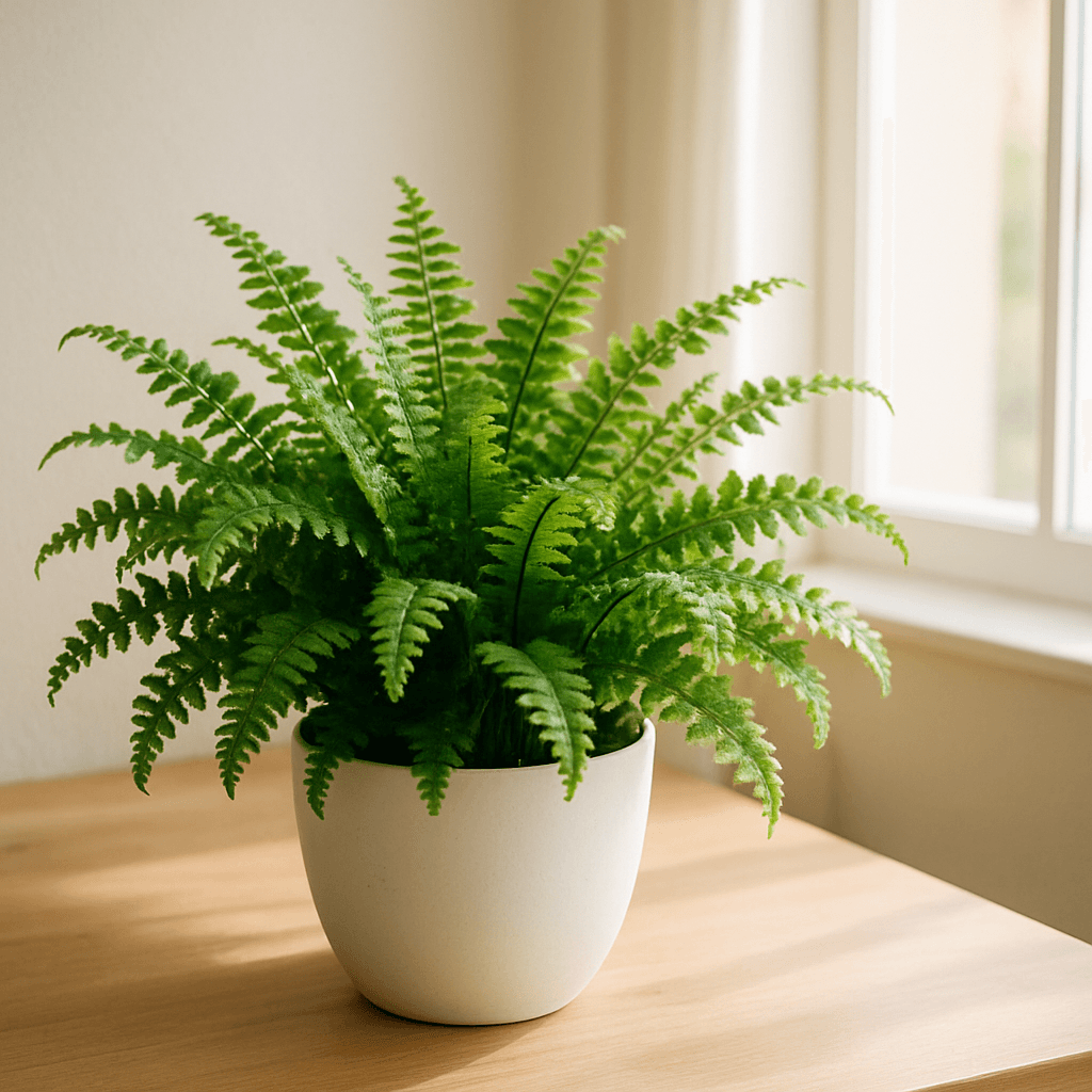Boston Fern (Nephrolepis exaltata) in a pot near a window
