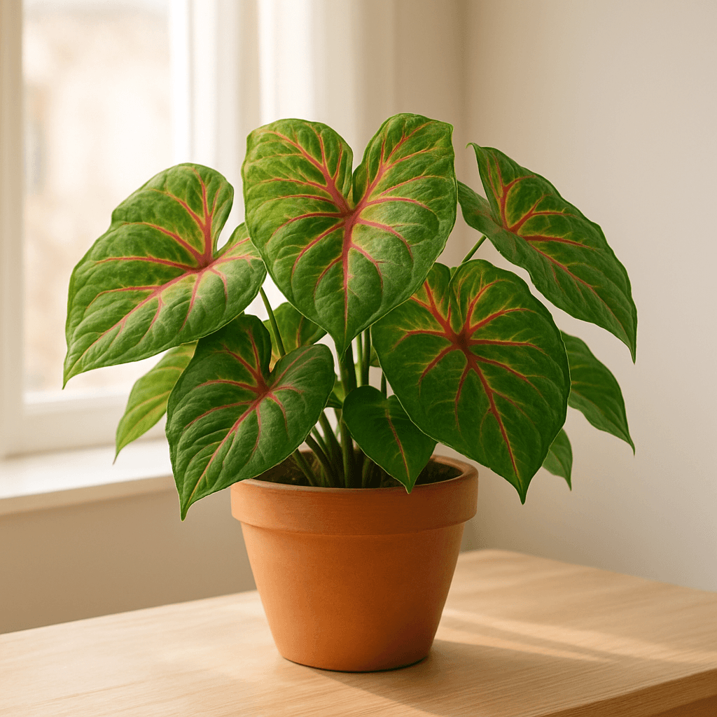Caladium (Caladium bicolor) in a pot near a window