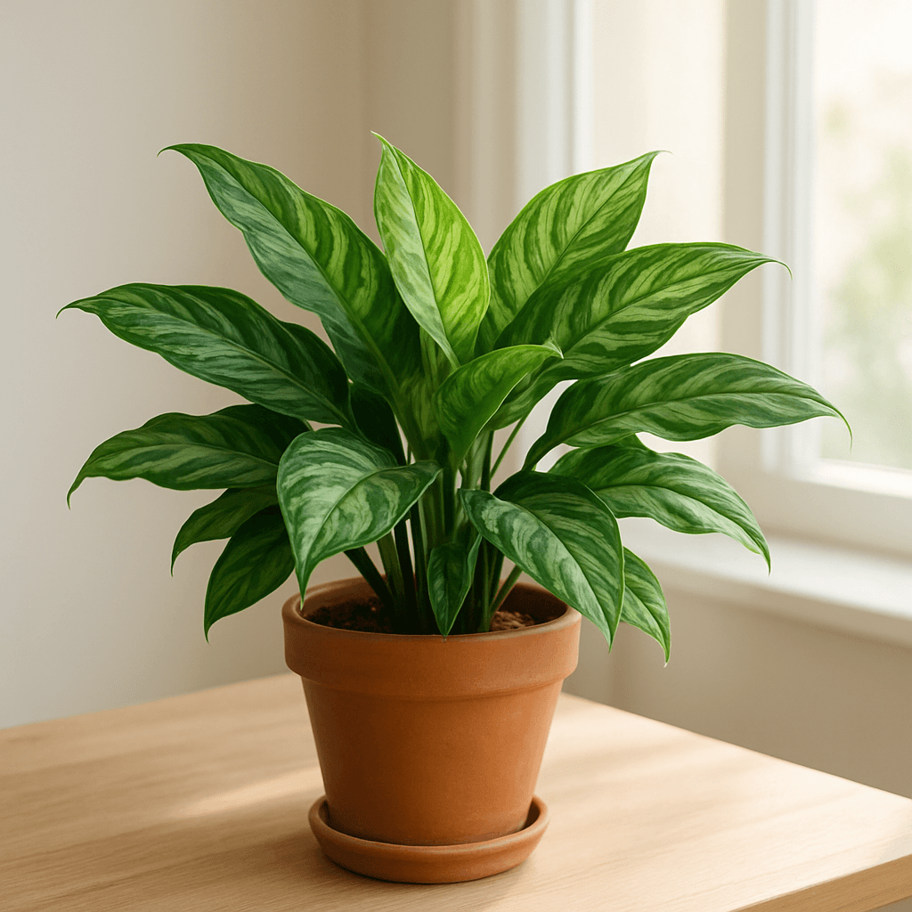 Chinese Evergreen (Aglaonema commutatum) in a pot near a window