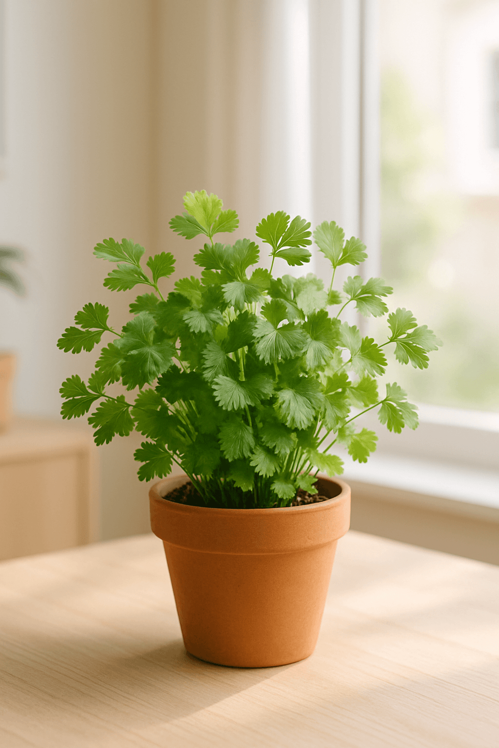 Cilantro (Coriandrum sativum) with bright lacy green leaves in a deep pot