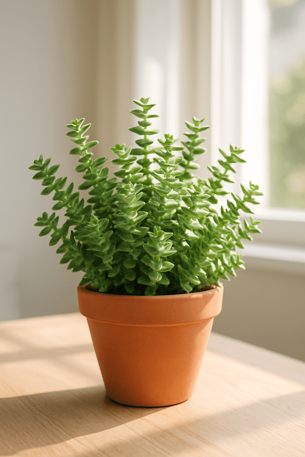 String of Buttons (Crassula perforata) with stacked triangular leaves on twisting stems