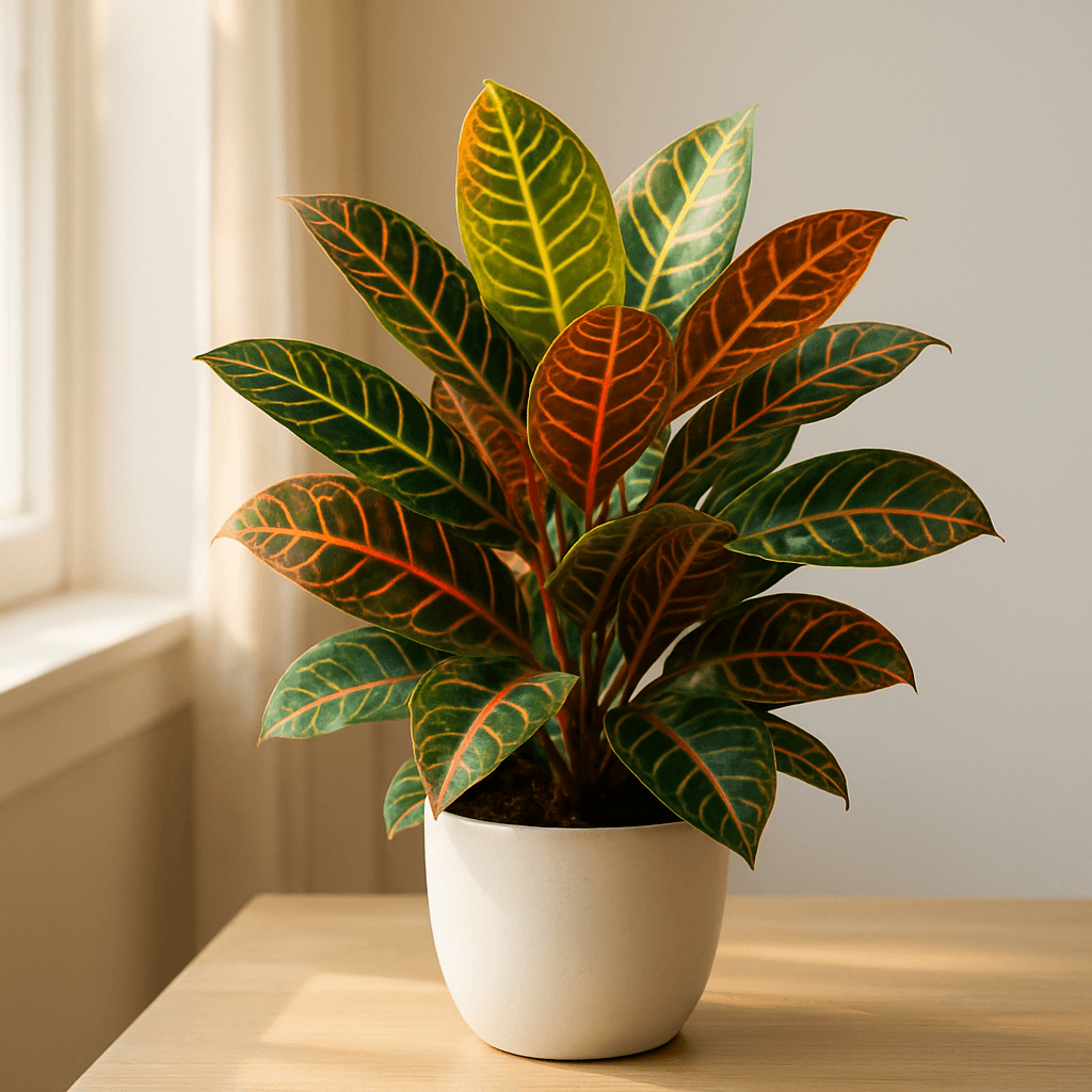 Croton (Codiaeum variegatum) in a pot near a window
