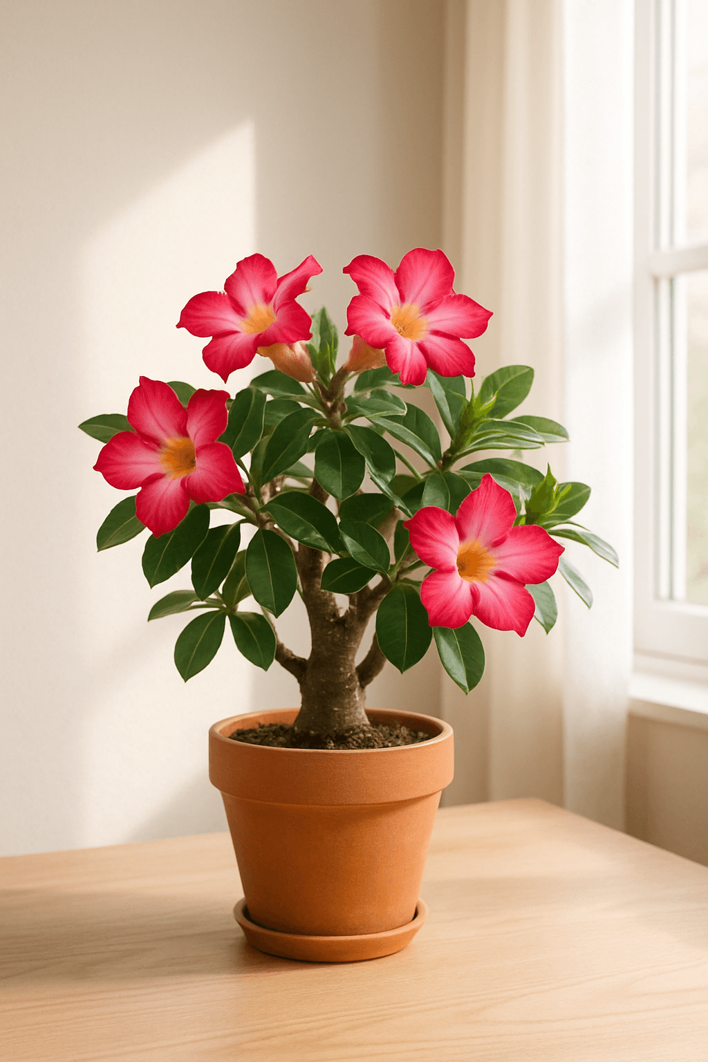 Desert Rose (Adenium obesum) with swollen caudex trunk and trumpet-shaped pink-red flowers