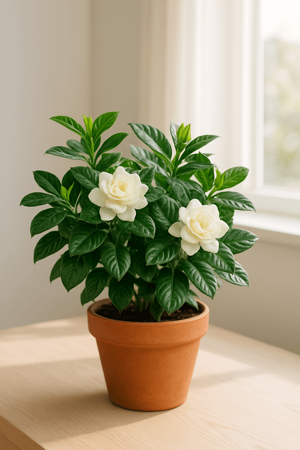 Gardenia (Gardenia jasminoides) with fragrant white flowers and glossy dark green leaves