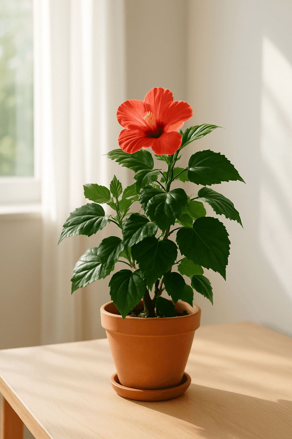 Tropical Hibiscus (Hibiscus rosa-sinensis) with large bright red flower and glossy leaves