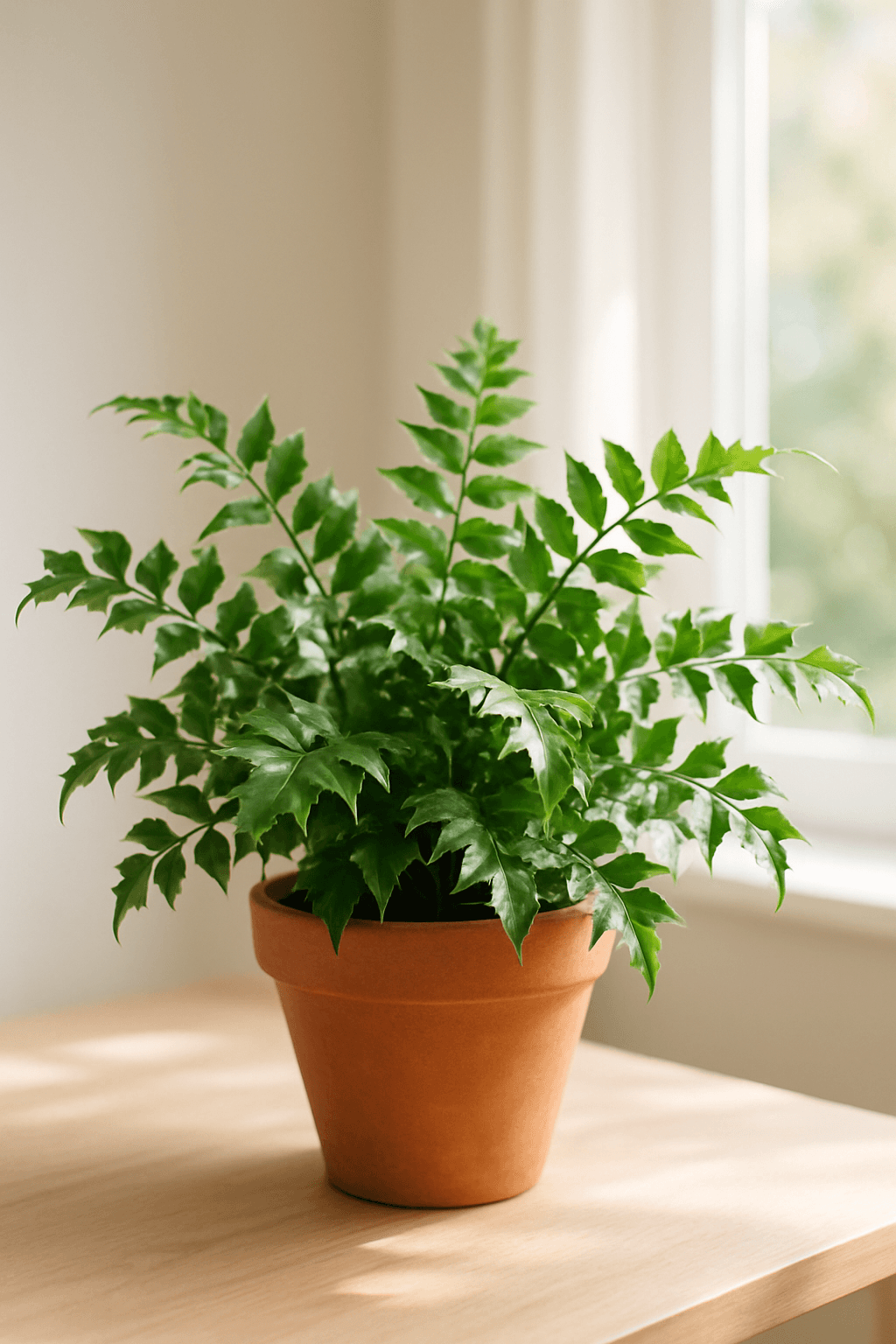 Holly Fern (Cyrtomium falcatum) with glossy dark green holly-like leaflets