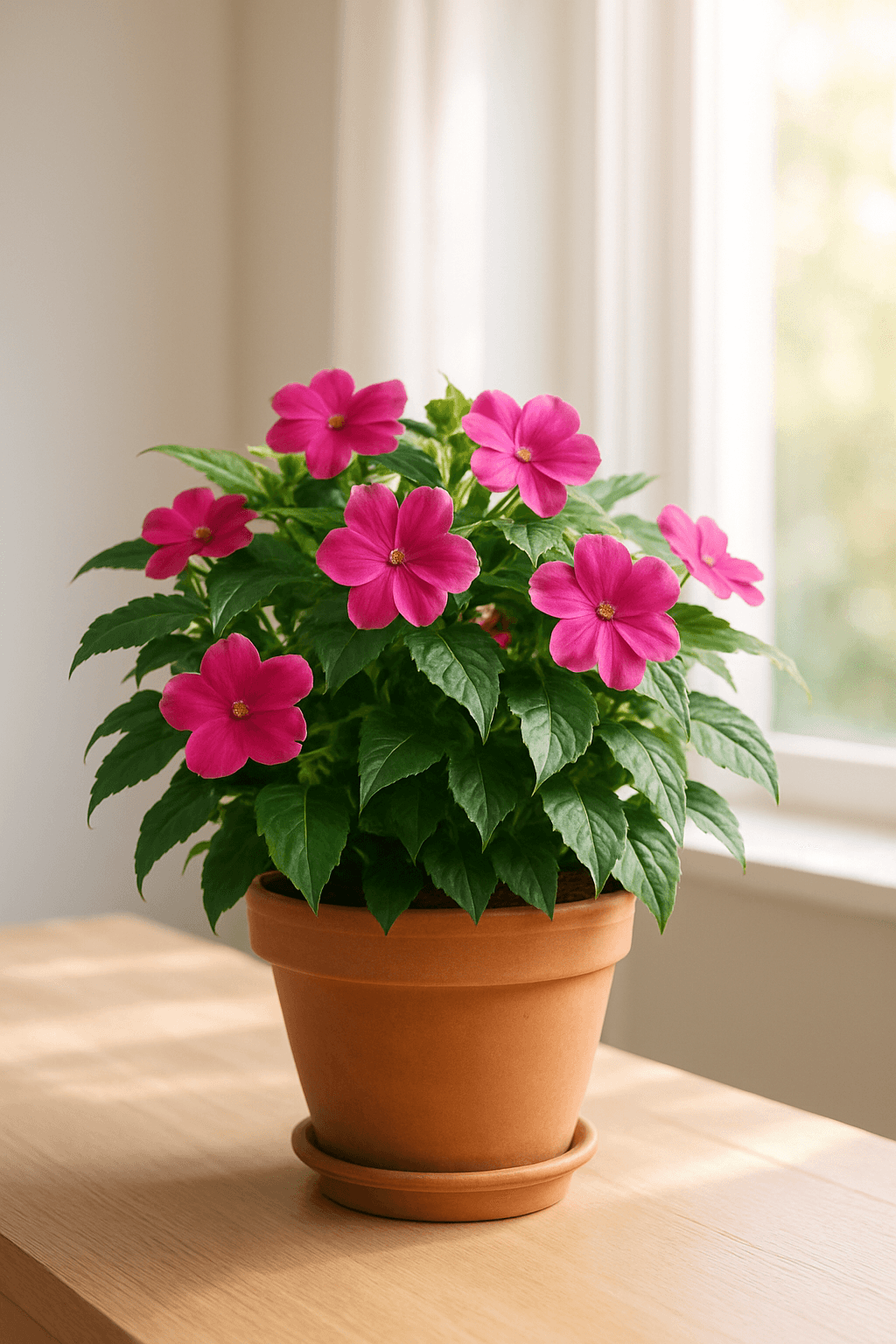 Impatiens (Busy Lizzie) with bright pink and red flowers in a shady setting