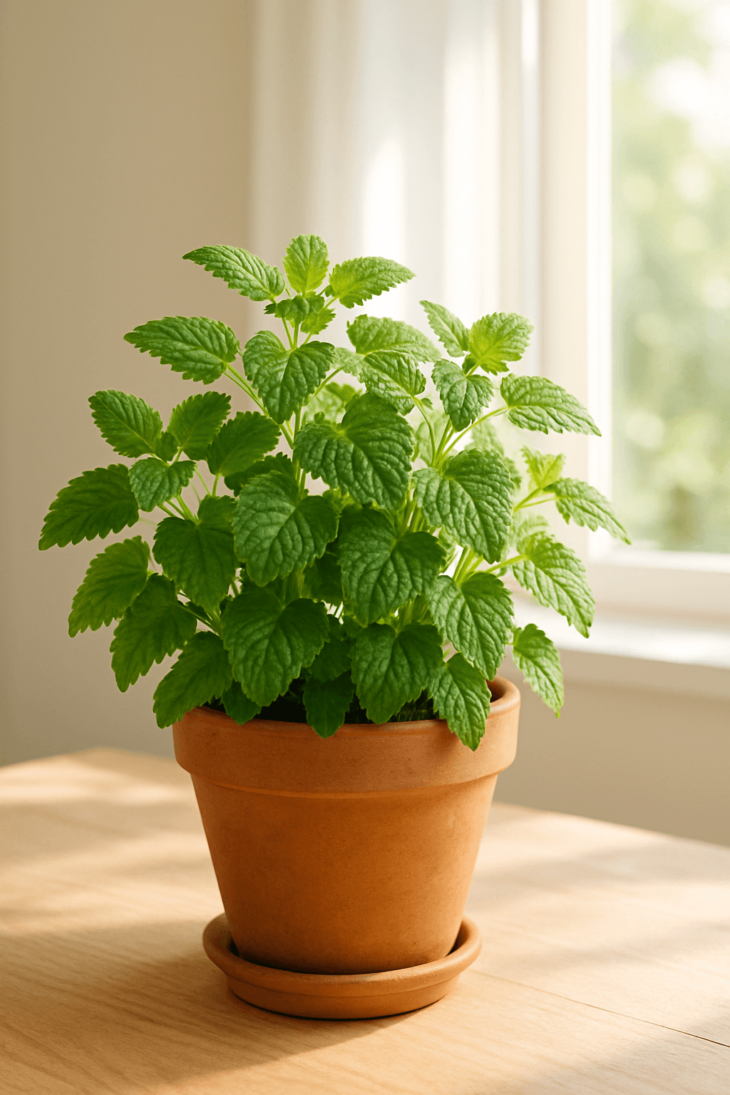 Lemon Balm (Melissa officinalis) with bright crinkled lemon-scented green leaves