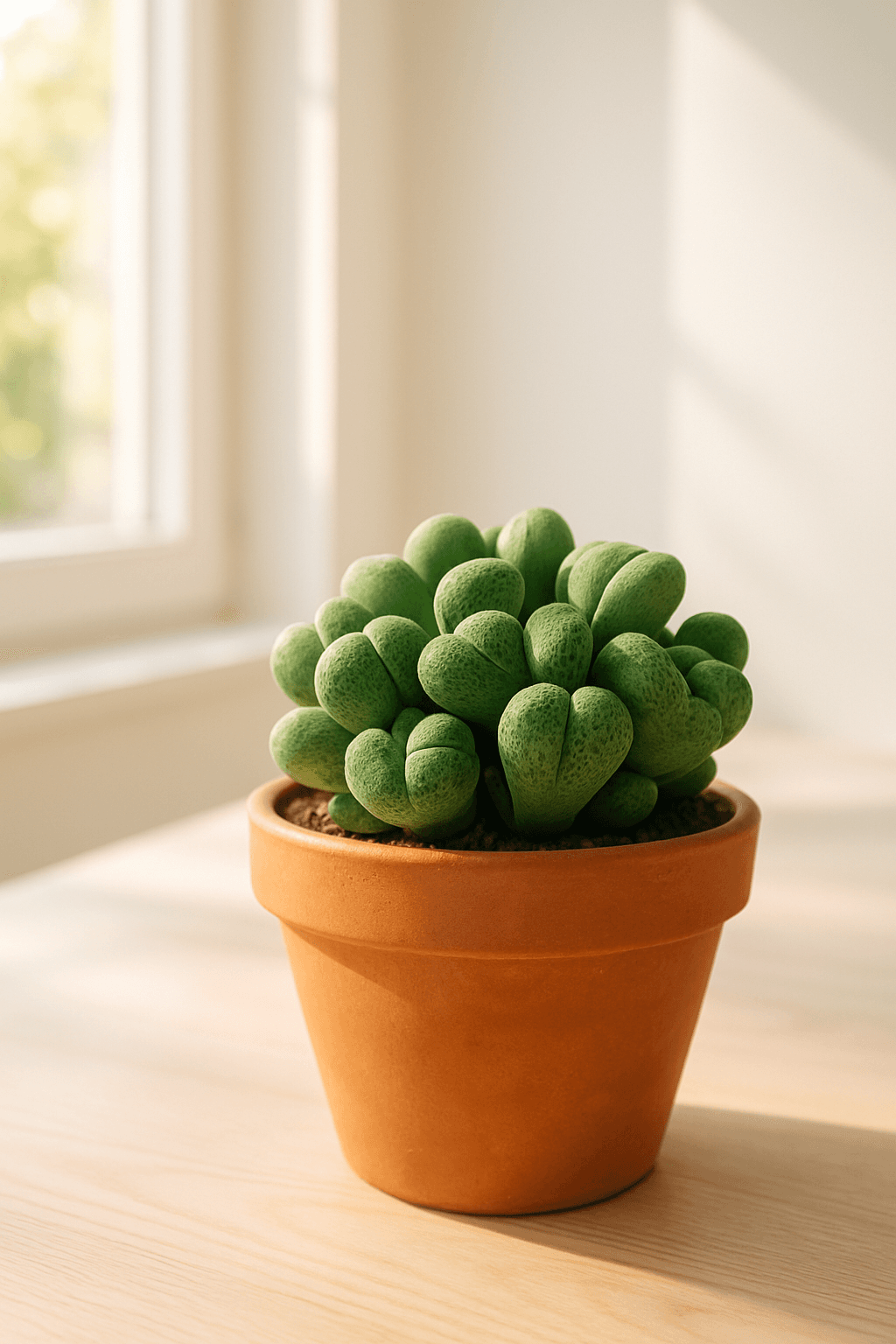 Lithops (Living Stones) camouflaged among real pebbles, showing their stone-like appearance with daisy flowers