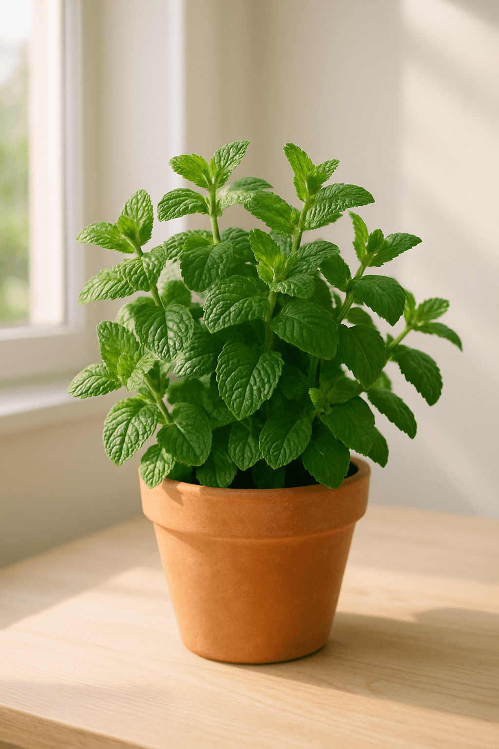 Mint (Mentha) with bright green aromatic leaves spilling from a pot