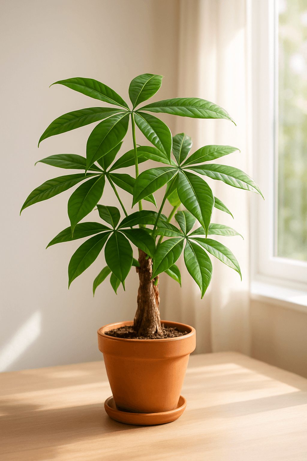 Money Tree (Pachira aquatica) in a pot near a window