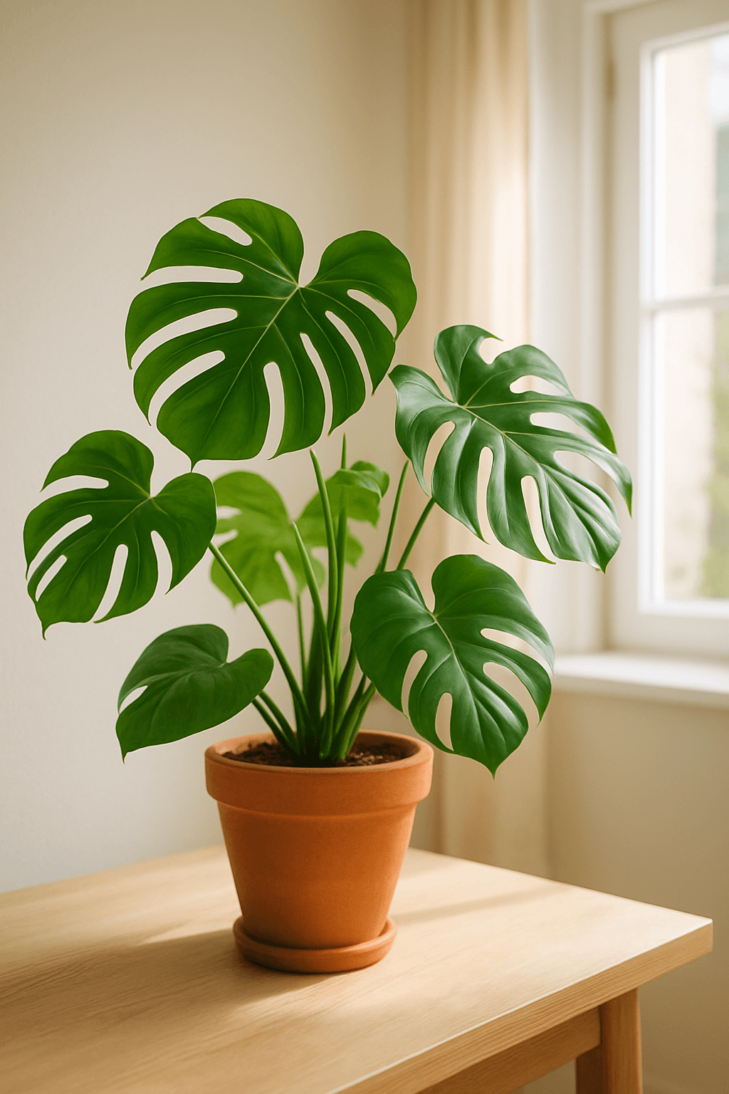 Monstera (Monstera deliciosa) in a pot near a window