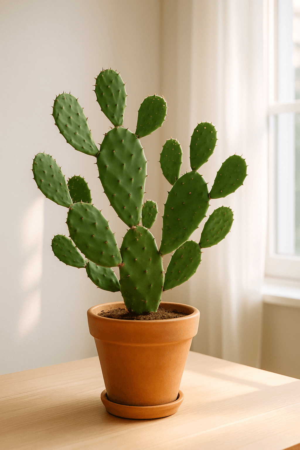 Prickly Pear Cactus (Opuntia) with flat oval pads and bright yellow flowers