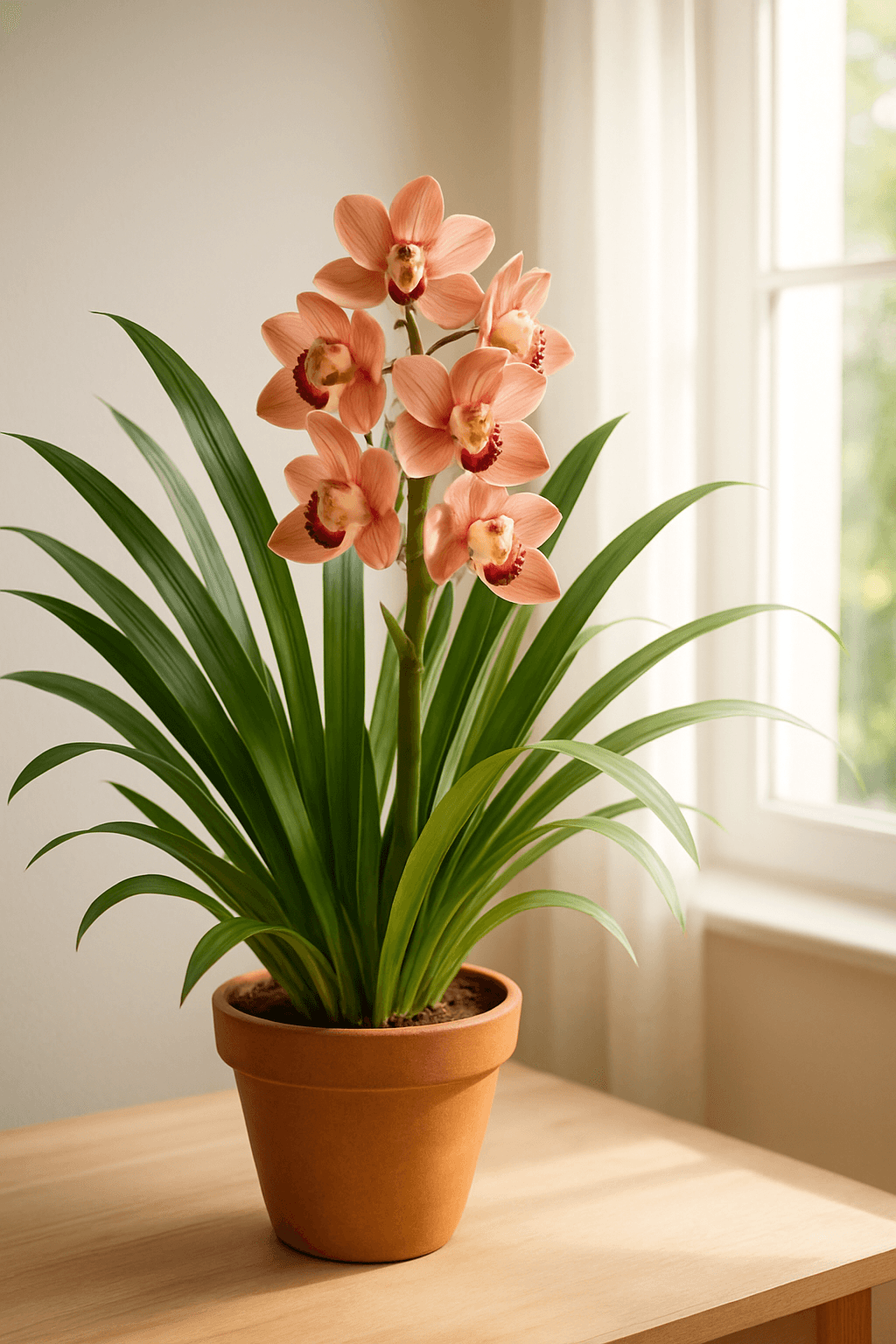 Cymbidium Orchid with long arching sprays of flowers in pink and white