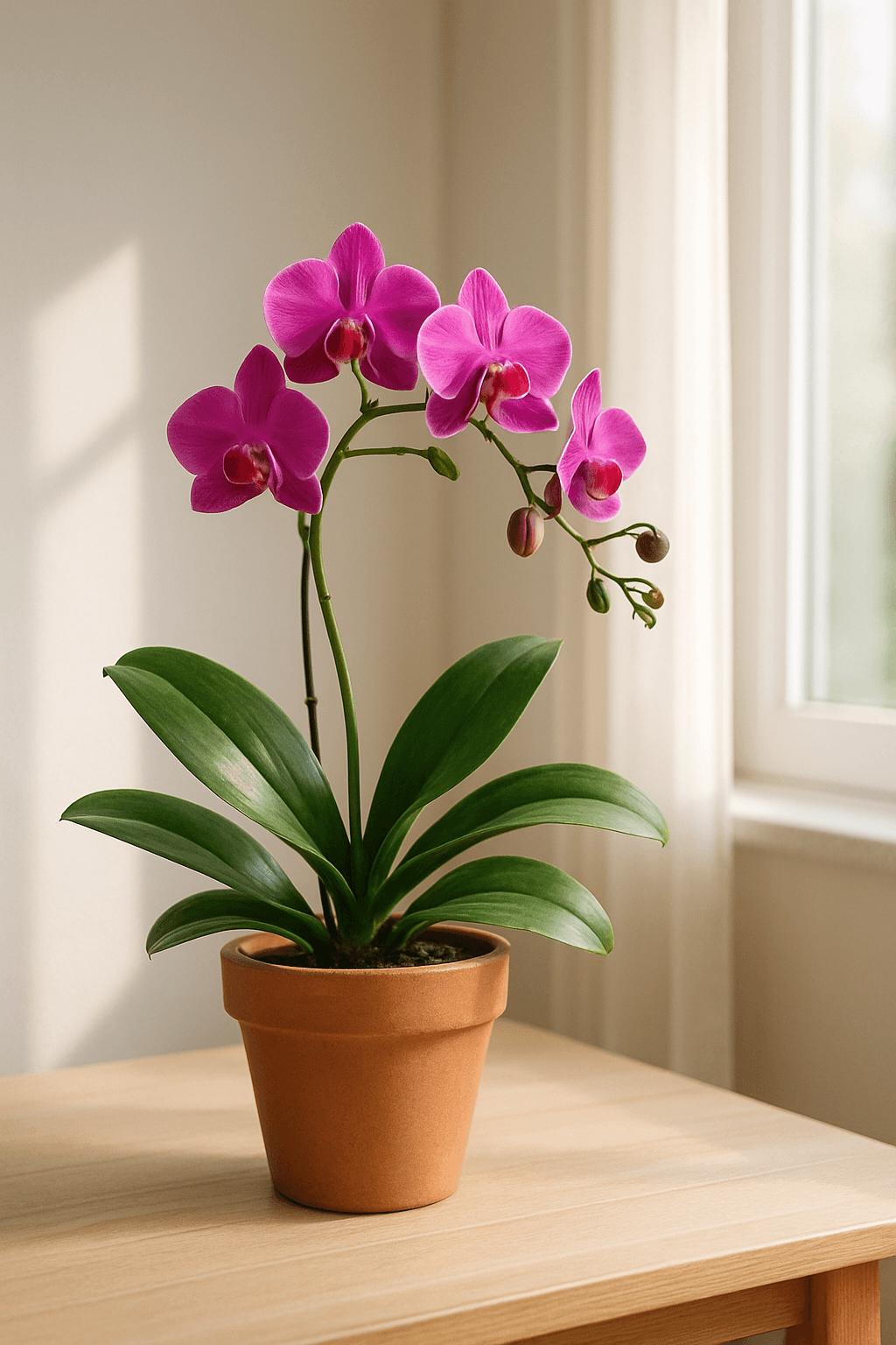 Orchid (Phalaenopsis) (Phalaenopsis spp.) in a pot near a window
