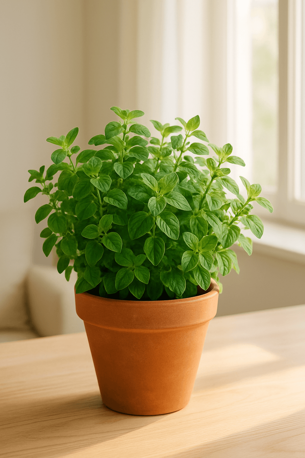 Oregano (Origanum vulgare) with aromatic rounded leaves in a pot