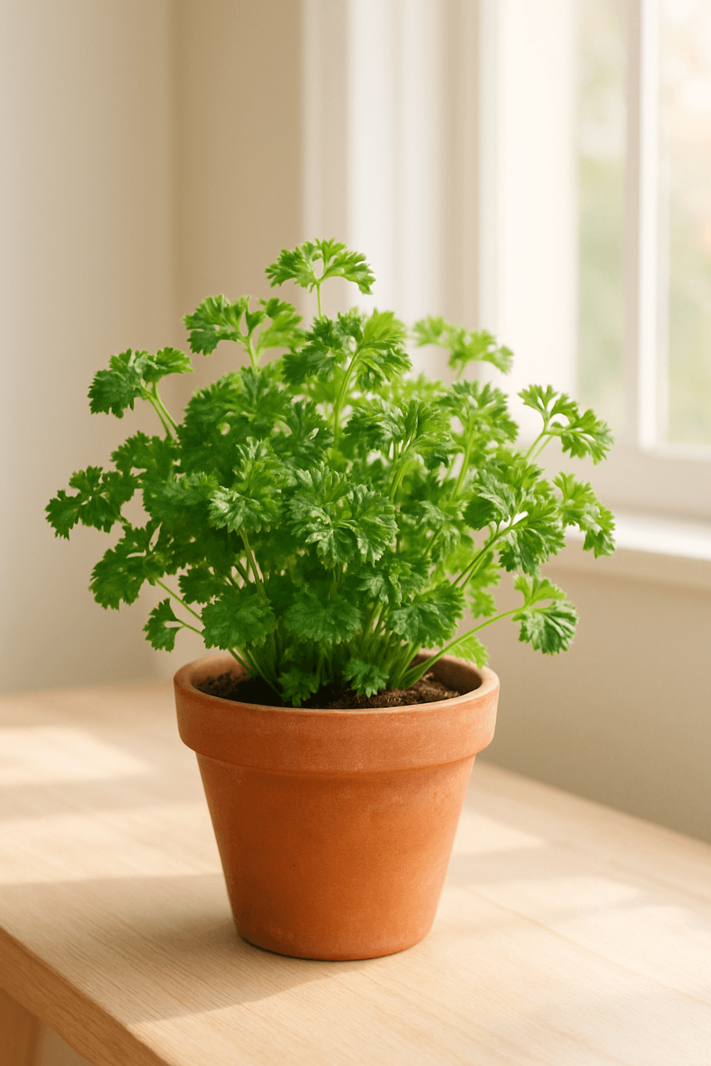 Parsley (Petroselinum crispum) with bright green curly or flat leaves in a deep pot
