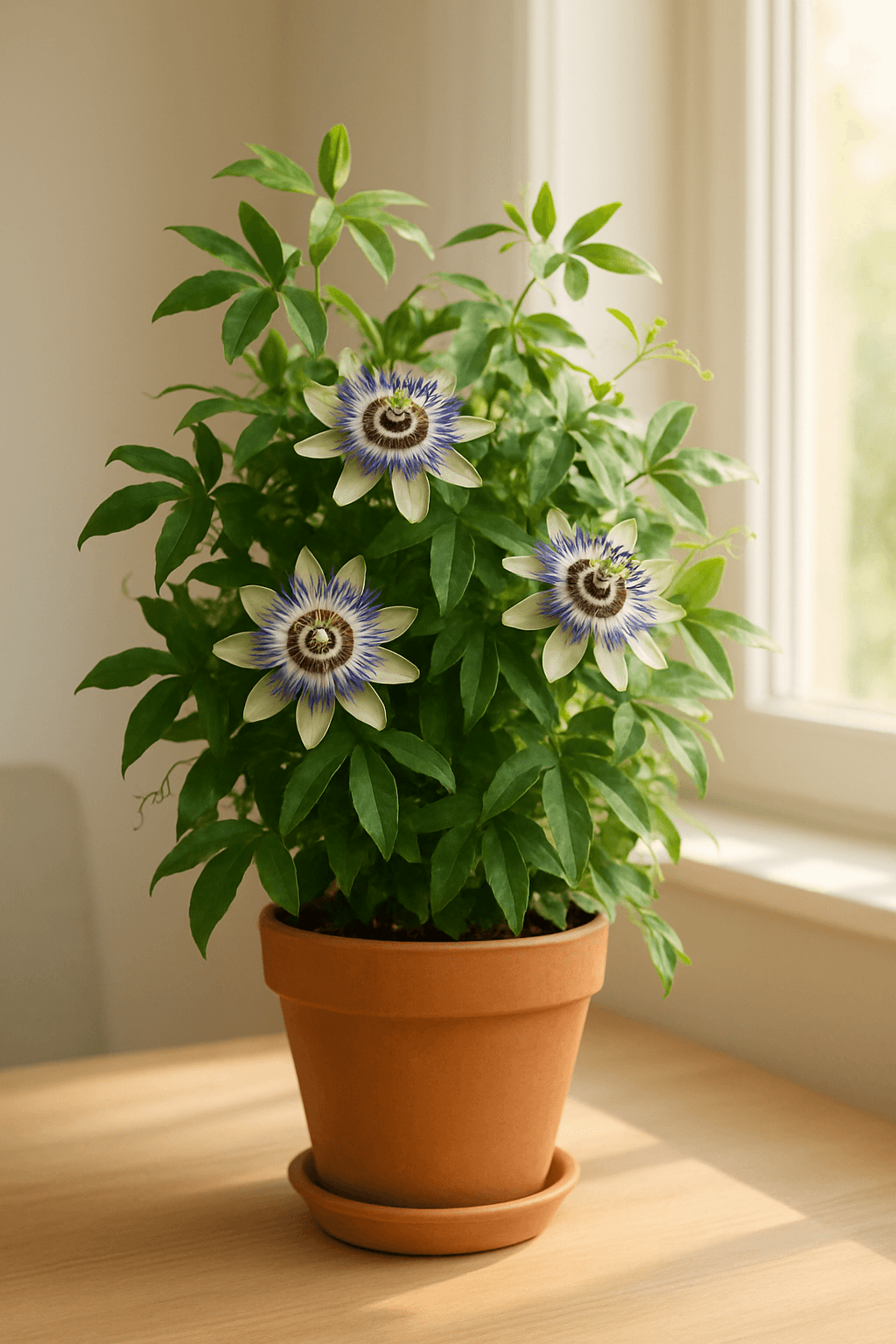 Passionflower (Passiflora caerulea) with intricate blue-purple flower with distinctive corona filaments