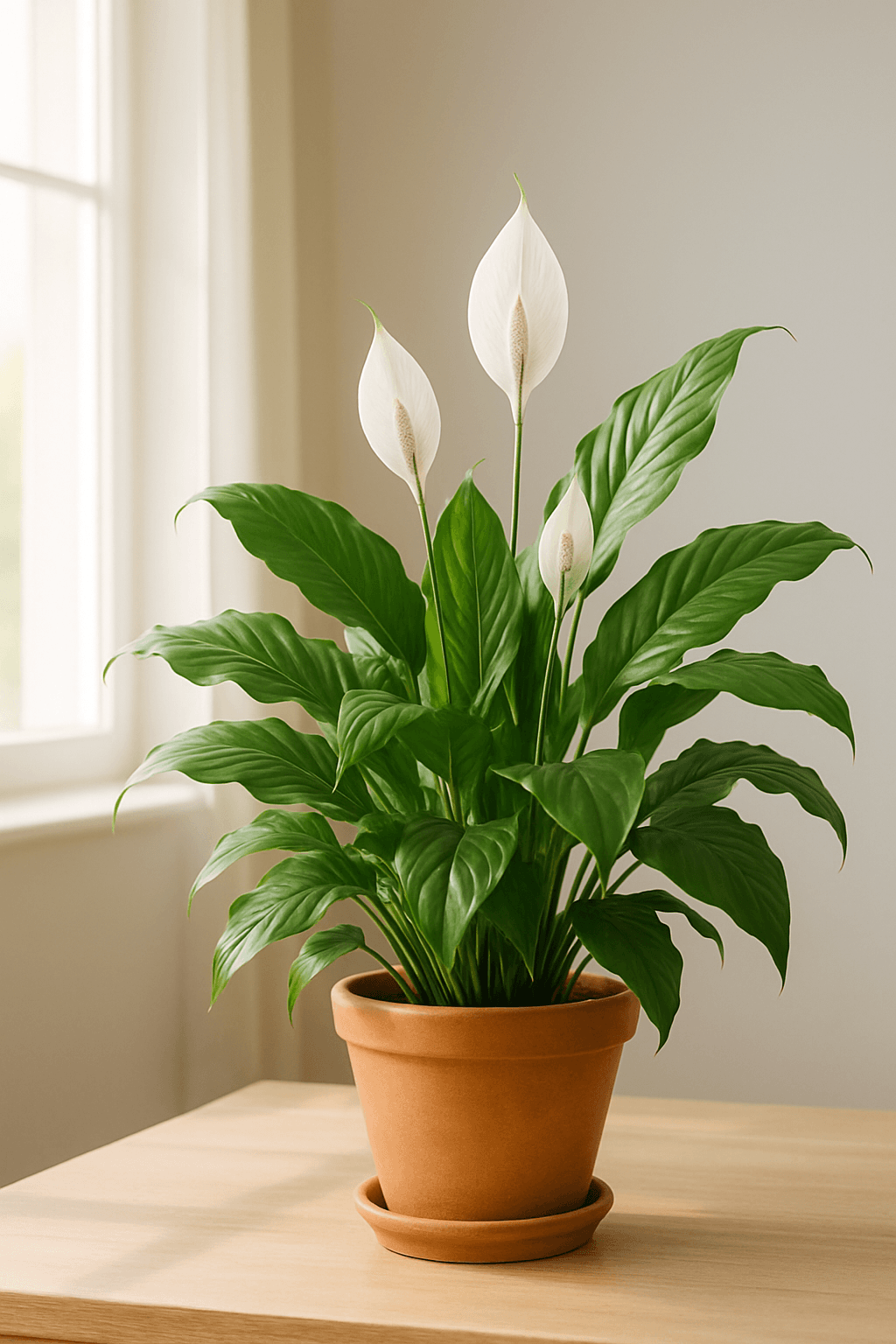 Peace Lily (Spathiphyllum wallisii) in a pot near a window