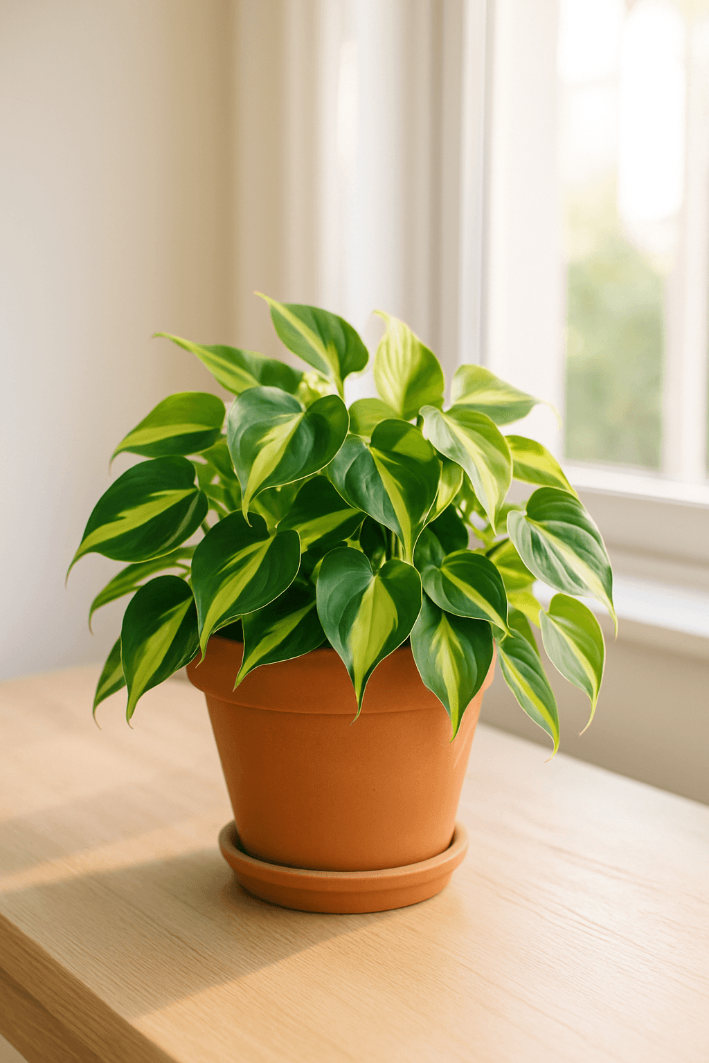 Philodendron Brasil (Philodendron hederaceum 'Brasil') with green and yellow-striped heart-shaped leaves trailing from a pot