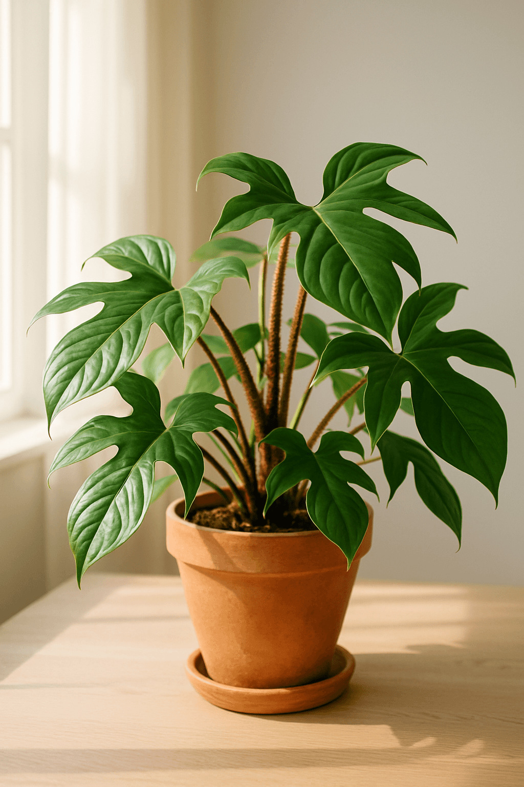 Philodendron Squamiferum (Hairy Philodendron) with lobed leaves and red-bristly hairy petioles