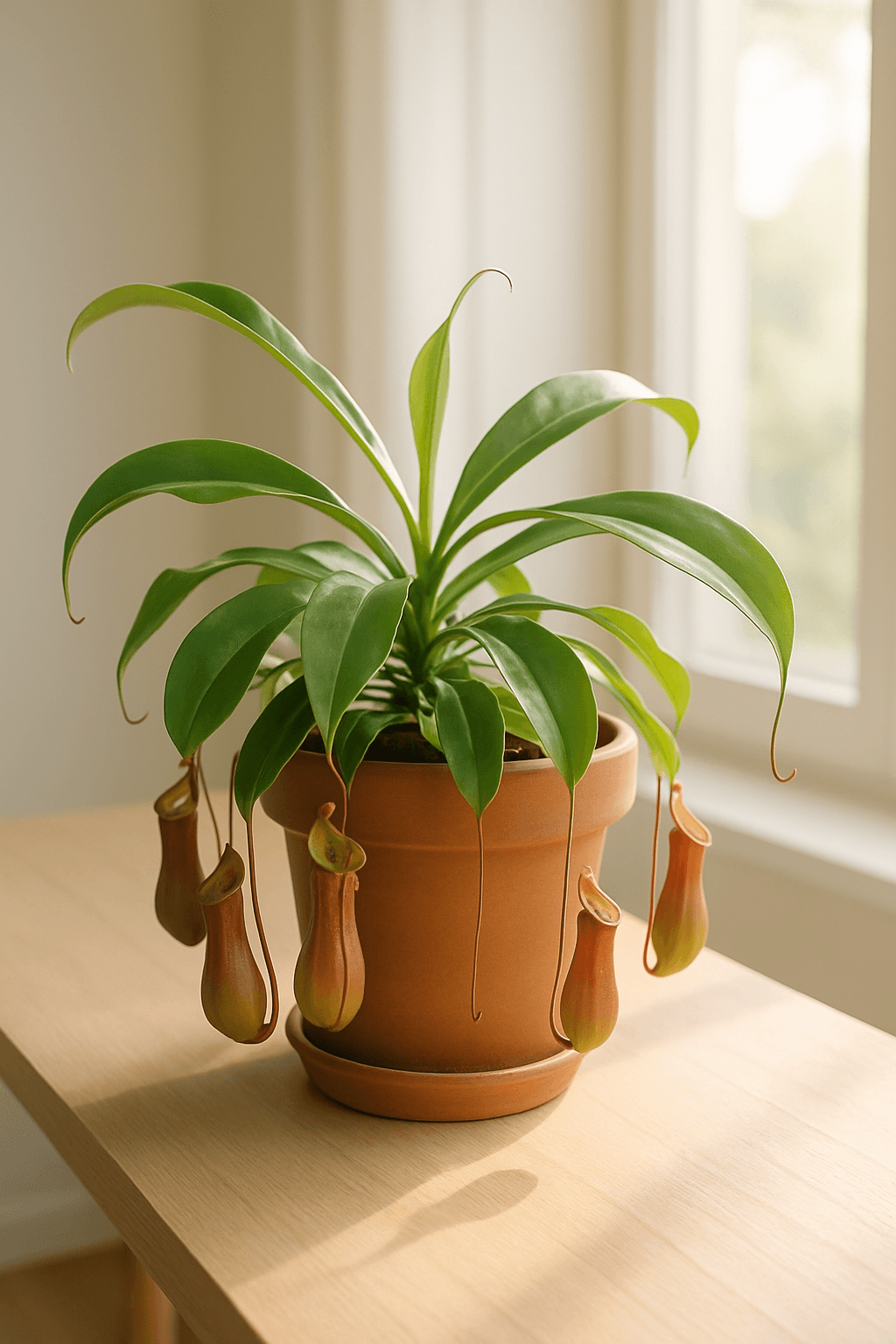 Tropical Pitcher Plant (Nepenthes) with hanging pitcher-shaped insect traps