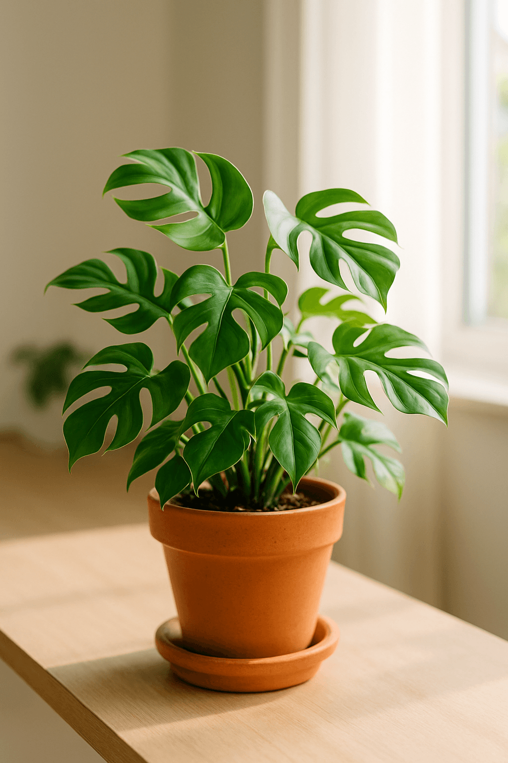 Mini Monstera (Rhaphidophora tetrasperma) with split fenestrated leaves climbing a pole
