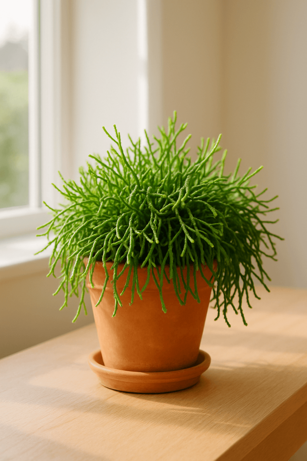 Mistletoe Cactus (Rhipsalis) with long trailing pencil-like stems in a hanging basket