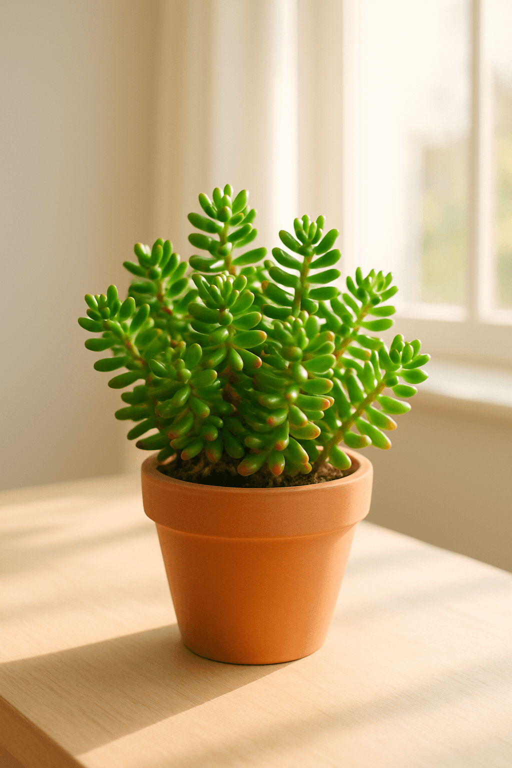 Jelly Bean Plant (Sedum rubrotinctum) with chubby green and red-tipped leaves