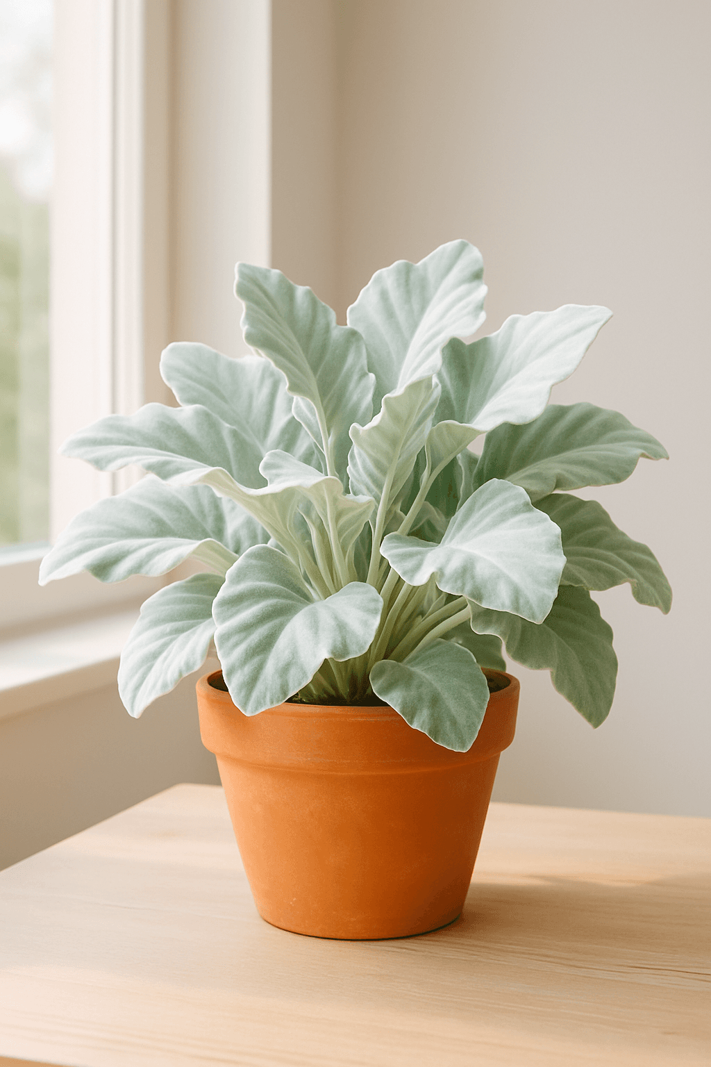 Silver Senecio (Angel Wings) with large silvery-white felted leaves
