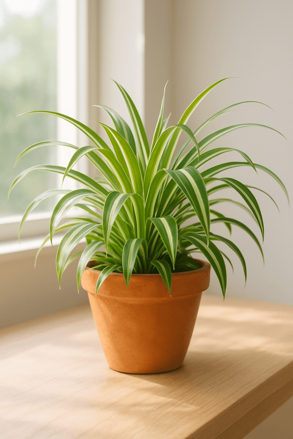 Spider Plant (Chlorophytum comosum) in a pot near a window