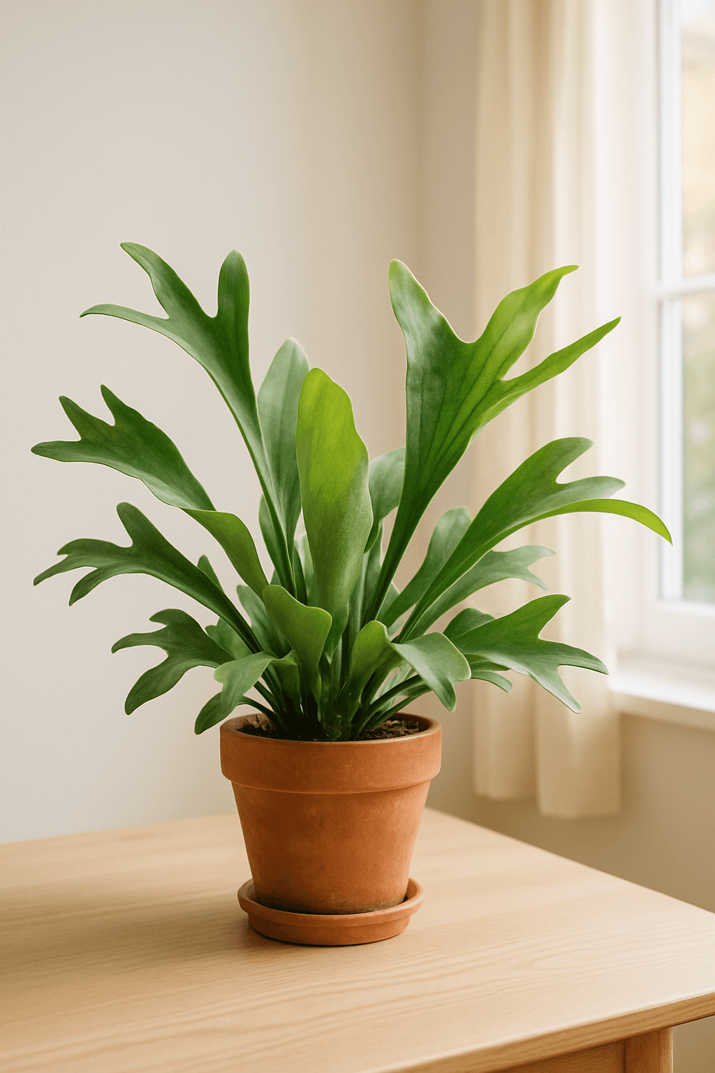 Staghorn Fern (Platycerium bifurcatum) mounted on a wooden board with antler-like fronds