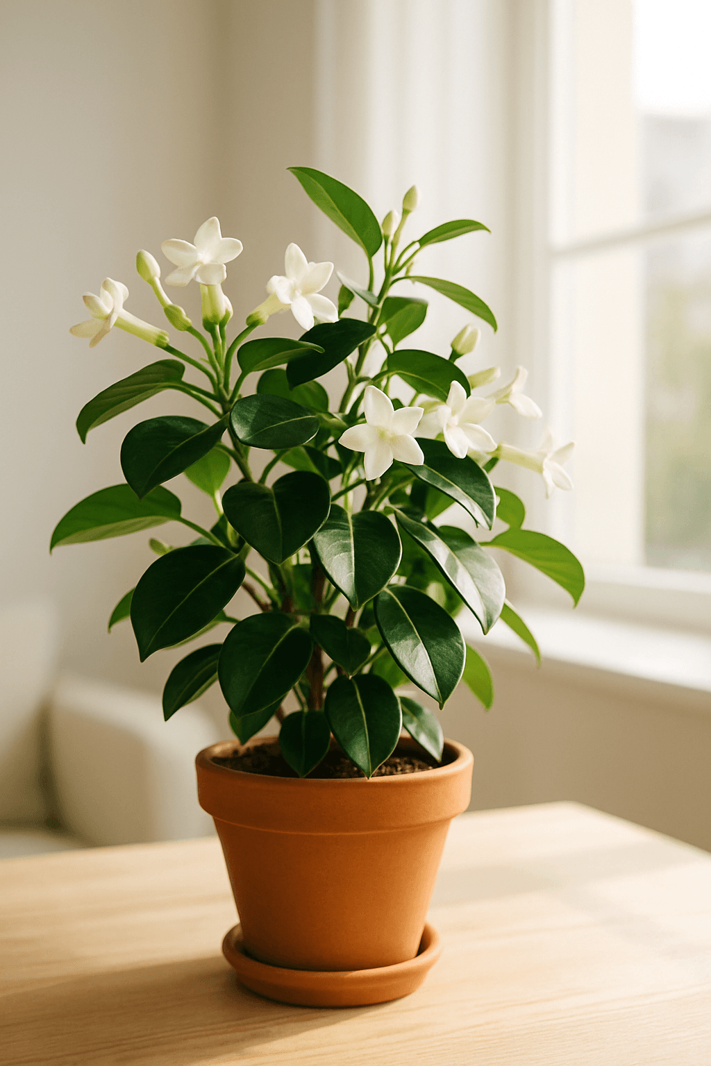 Stephanotis floribunda (Madagascar Jasmine) with clusters of intensely fragrant white waxy star-shaped flowers