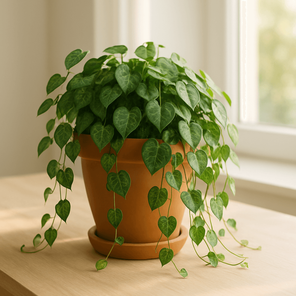 String of Hearts (Ceropegia woodii) in a pot near a window