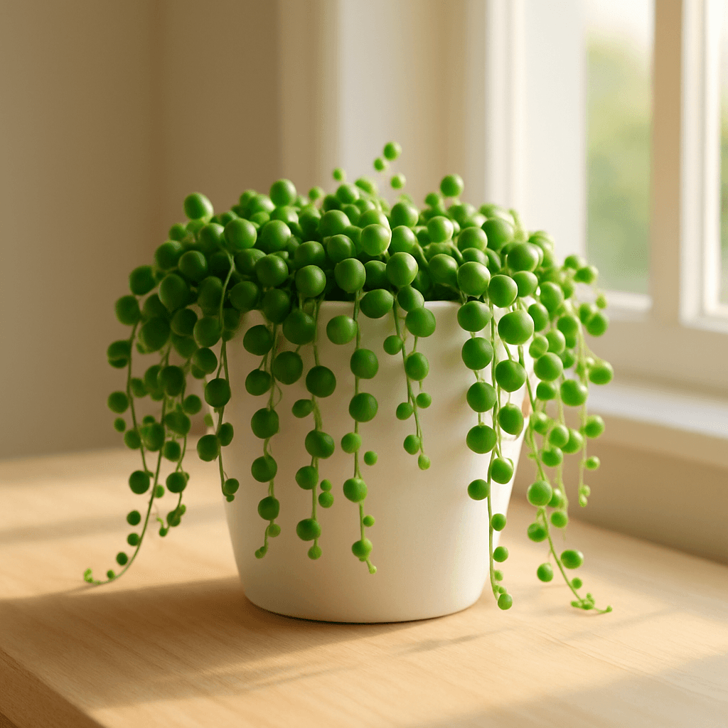 String of Pearls (Curio rowleyanus) in a pot near a window