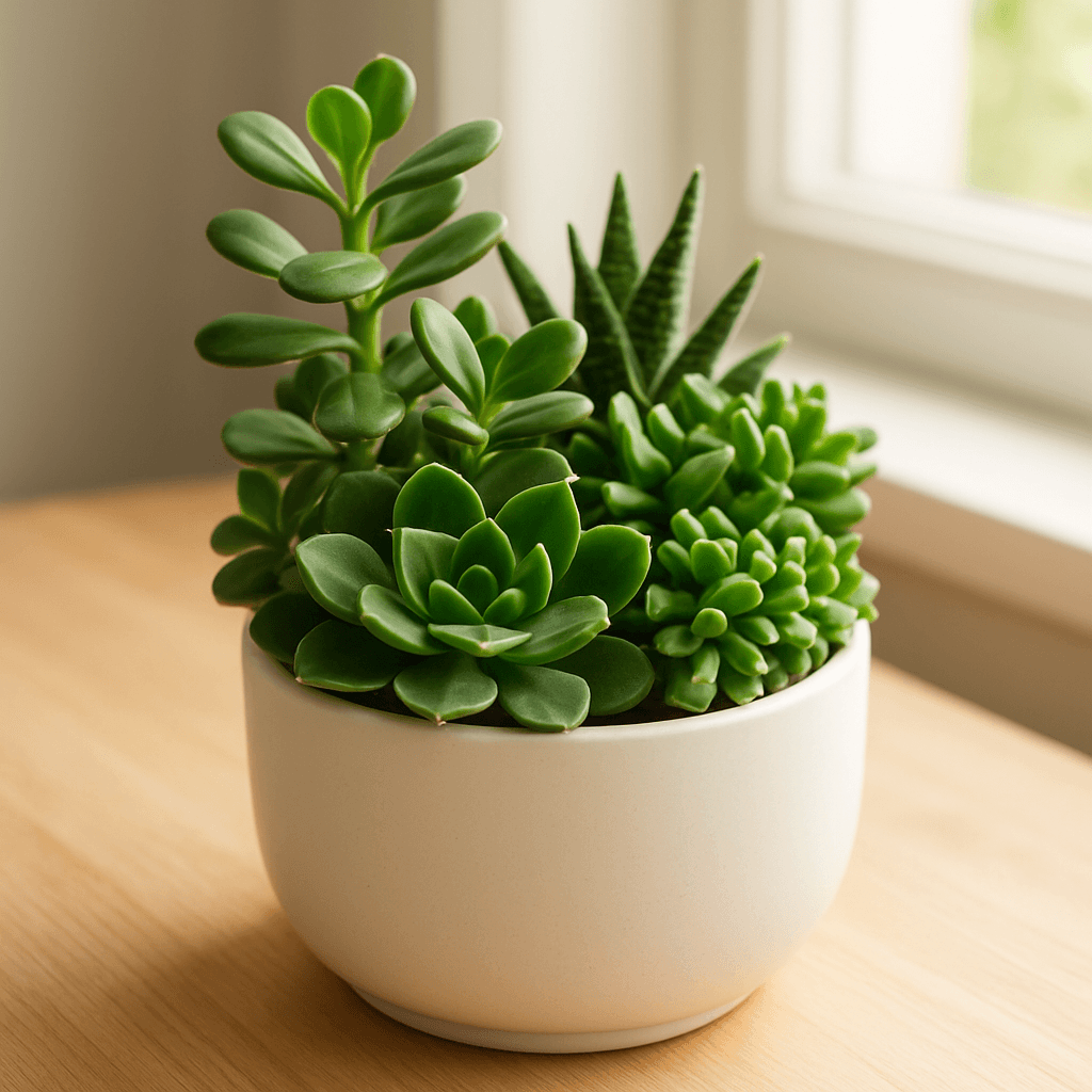 Succulent Mix (Various spp.) in a pot near a window