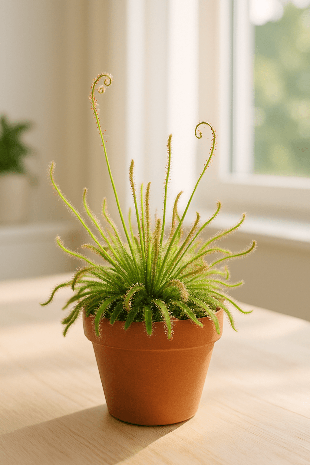 Sundew (Drosera) with red glistening sticky tentacles on spoon-shaped leaves