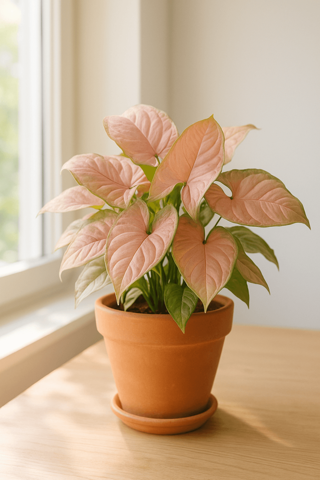 Pink Syngonium (Syngonium podophyllum 'Pink Allusion') with pink-flushed arrowhead leaves