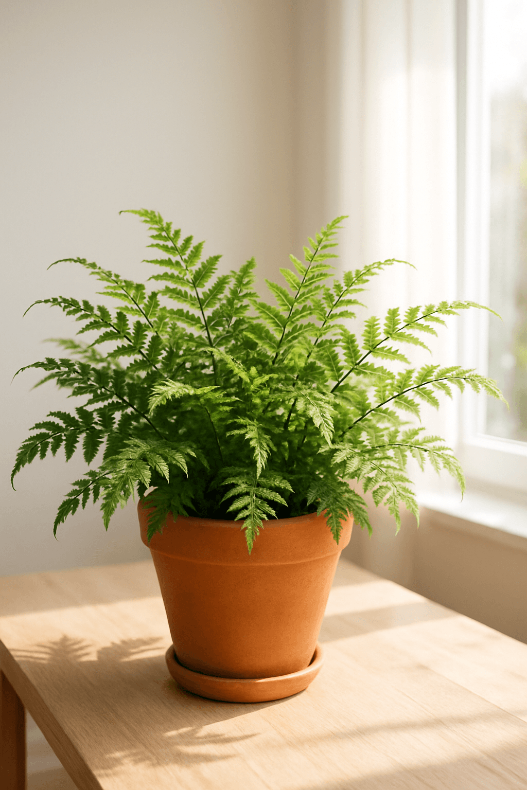 Table Fern (Pteris cretica) with slender arching fronds, variegated form showing white stripe