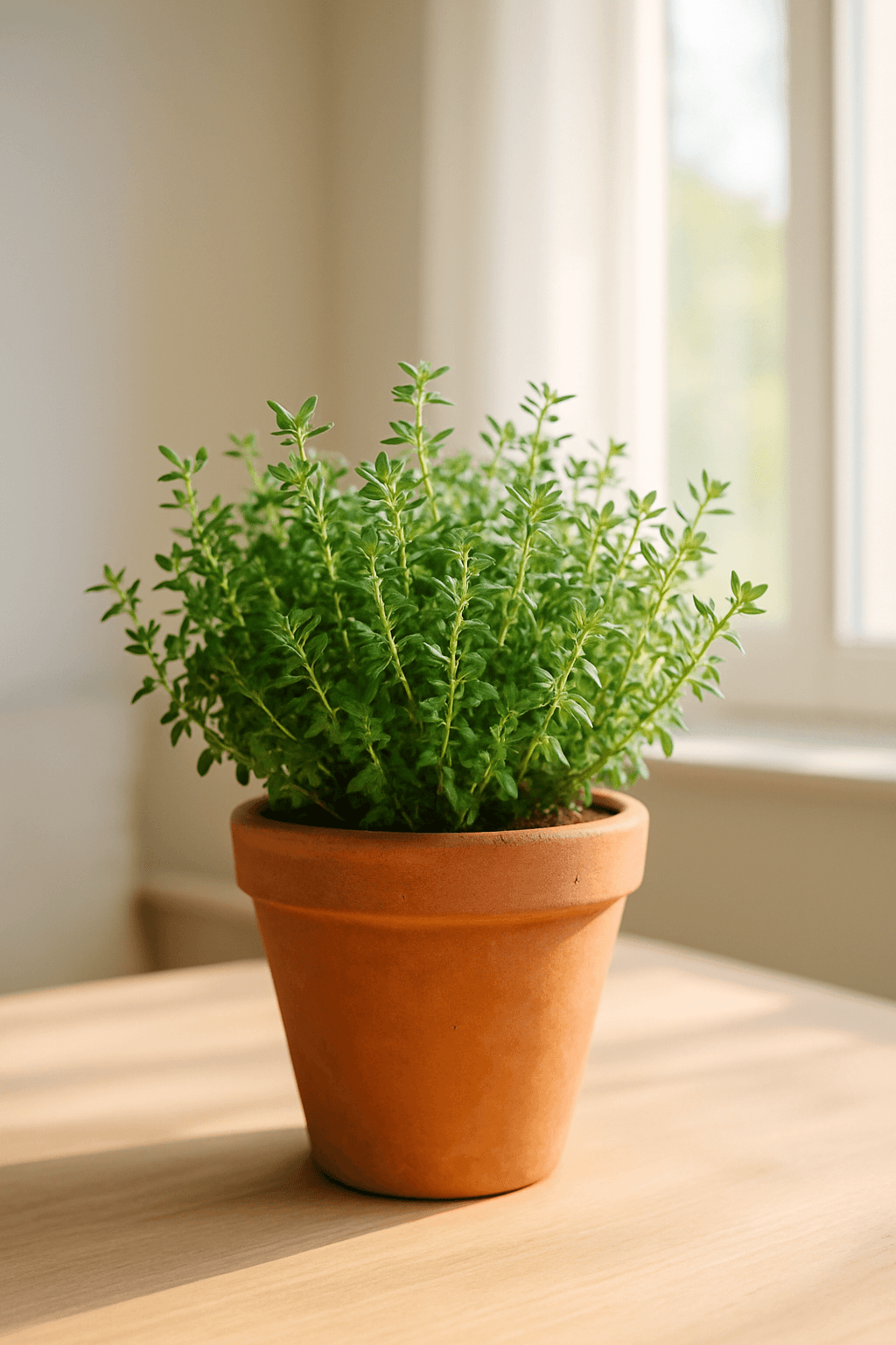 Thyme (Thymus vulgaris) with small aromatic leaves in a terracotta pot