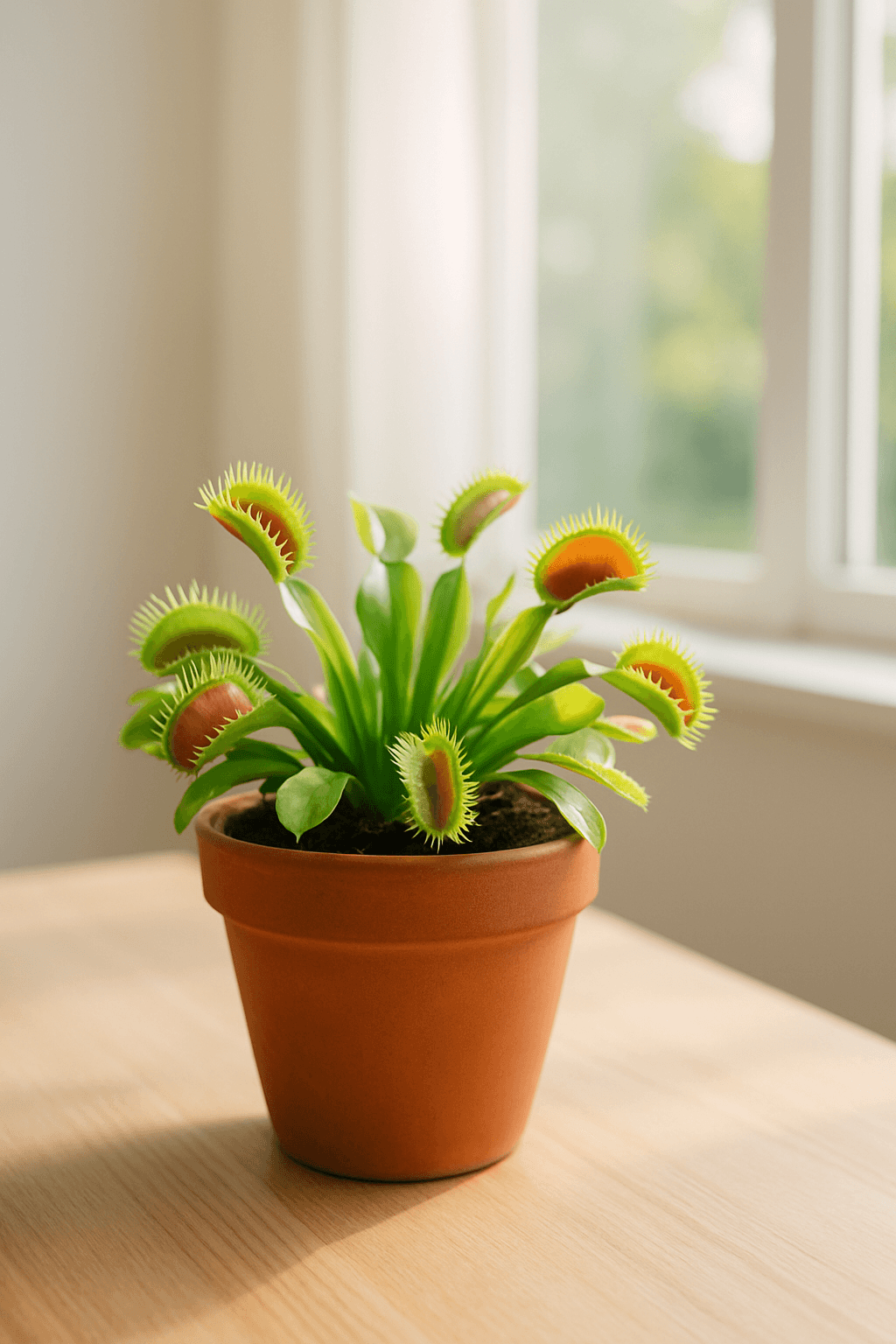 Venus Flytrap (Dionaea muscipula) with open red-lined traps ready to catch insects