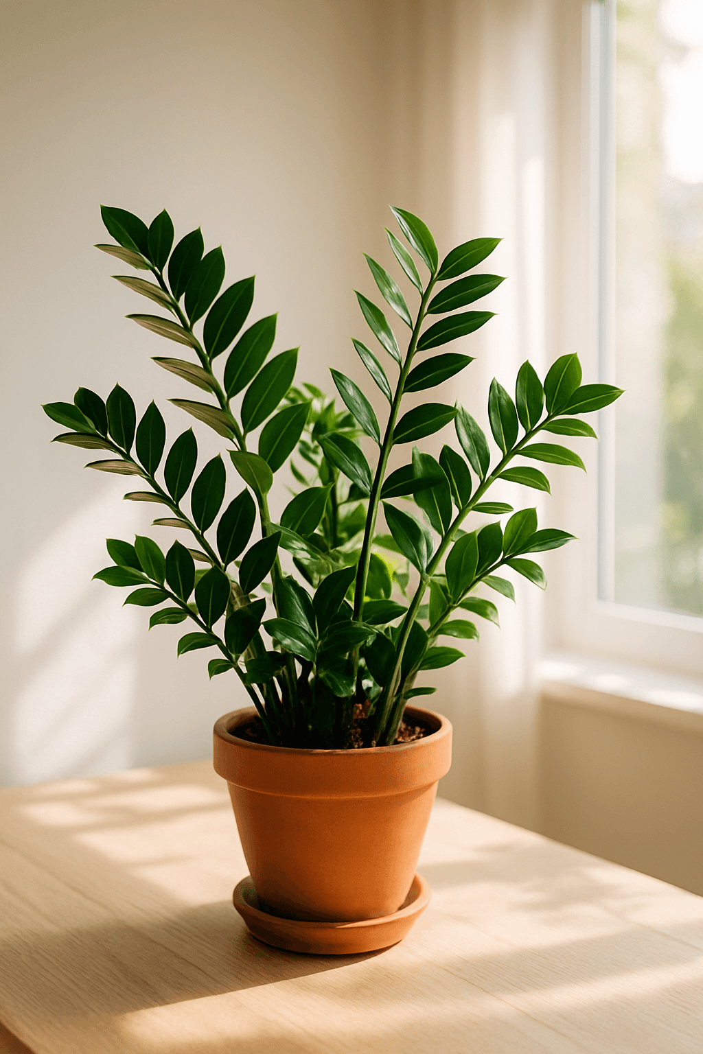ZZ Plant (Zamioculcas zamiifolia) in a pot near a window
